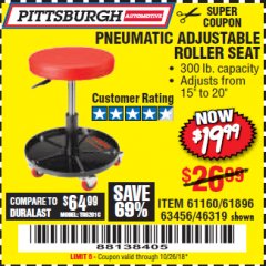 Harbor Freight Coupon PNEUMATIC ADJUSTABLE ROLLER SEAT Lot No. 61160/63456/46319 Expired: 10/26/18 - $19.99