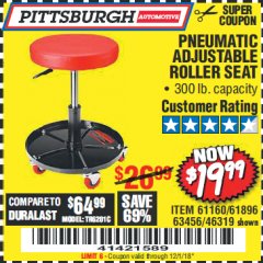Harbor Freight Coupon PNEUMATIC ADJUSTABLE ROLLER SEAT Lot No. 61160/63456/46319 Expired: 12/1/18 - $19.99