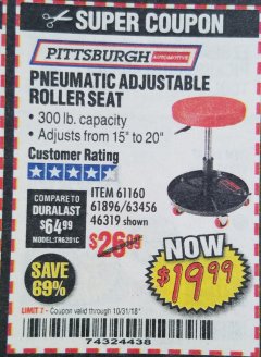 Harbor Freight Coupon PNEUMATIC ADJUSTABLE ROLLER SEAT Lot No. 61160/63456/46319 Expired: 10/31/18 - $19.99