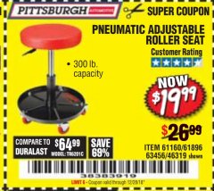 Harbor Freight Coupon PNEUMATIC ADJUSTABLE ROLLER SEAT Lot No. 61160/63456/46319 Expired: 12/28/18 - $19.99