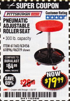 Harbor Freight Coupon PNEUMATIC ADJUSTABLE ROLLER SEAT Lot No. 61160/63456/46319 Expired: 11/30/18 - $19.99