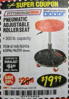 Harbor Freight Coupon PNEUMATIC ADJUSTABLE ROLLER SEAT Lot No. 61160/63456/46319 Expired: 12/31/18 - $19.99