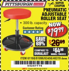 Harbor Freight Coupon PNEUMATIC ADJUSTABLE ROLLER SEAT Lot No. 61160/63456/46319 Expired: 5/18/19 - $19.99