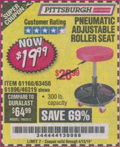 Harbor Freight Coupon PNEUMATIC ADJUSTABLE ROLLER SEAT Lot No. 61160/63456/46319 Expired: 4/13/19 - $19.99