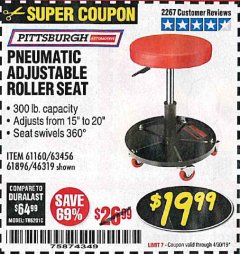 Harbor Freight Coupon PNEUMATIC ADJUSTABLE ROLLER SEAT Lot No. 61160/63456/46319 Expired: 4/30/19 - $19.99