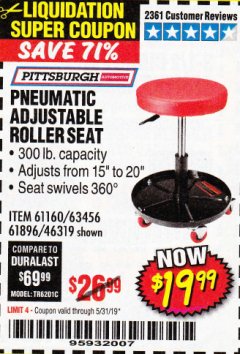Harbor Freight Coupon PNEUMATIC ADJUSTABLE ROLLER SEAT Lot No. 61160/63456/46319 Expired: 5/31/19 - $19.99