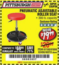 Harbor Freight Coupon PNEUMATIC ADJUSTABLE ROLLER SEAT Lot No. 61160/63456/46319 Expired: 8/5/19 - $19.99