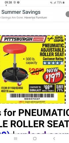 Harbor Freight Coupon PNEUMATIC ADJUSTABLE ROLLER SEAT Lot No. 61160/63456/46319 Expired: 8/12/19 - $19.99