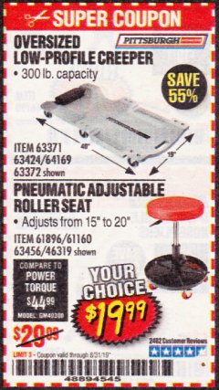 Harbor Freight Coupon PNEUMATIC ADJUSTABLE ROLLER SEAT Lot No. 61160/63456/46319 Expired: 8/31/19 - $19.99