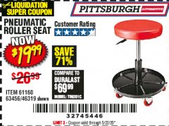 Harbor Freight Coupon PNEUMATIC ADJUSTABLE ROLLER SEAT Lot No. 61160/63456/46319 Expired: 6/30/20 - $19.99