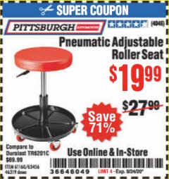 Harbor Freight Coupon PNEUMATIC ADJUSTABLE ROLLER SEAT Lot No. 61160/63456/46319 Expired: 9/24/20 - $19.99