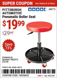Harbor Freight Coupon PNEUMATIC ADJUSTABLE ROLLER SEAT Lot No. 61160/63456/46319 Expired: 10/31/20 - $19.99