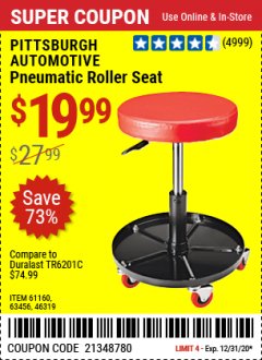 Harbor Freight Coupon PNEUMATIC ADJUSTABLE ROLLER SEAT Lot No. 61160/63456/46319 Expired: 12/31/20 - $19.99