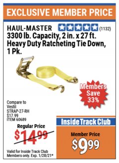 Harbor Freight ITC Coupon 2" X 27 FT. HEAVY DUTY RATCHETING TIE DOWN Lot No. 95106/62134/63012/60689 Expired: 1/28/21 - $9.99