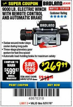 Harbor Freight Coupon BADLAND ZXR9000 9000 LB WINCH Lot No. 64047/64048/64049/63769 Expired: 8/31/18 - $269.99