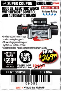 Harbor Freight Coupon BADLAND ZXR9000 9000 LB WINCH Lot No. 64047/64048/64049/63769 Expired: 10/31/18 - $269.99