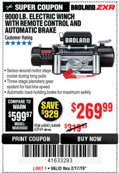 Harbor Freight Coupon BADLAND ZXR9000 9000 LB WINCH Lot No. 64047/64048/64049/63769 Expired: 2/17/19 - $269.99
