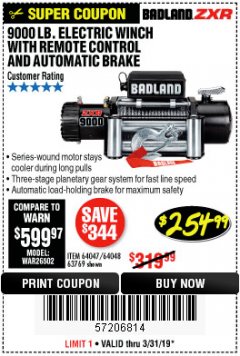 Harbor Freight Coupon BADLAND ZXR9000 9000 LB WINCH Lot No. 64047/64048/64049/63769 Expired: 3/31/19 - $254.99