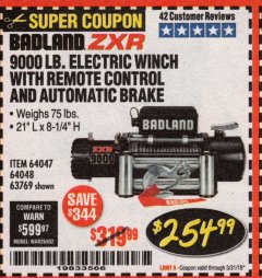 Harbor Freight Coupon BADLAND ZXR9000 9000 LB WINCH Lot No. 64047/64048/64049/63769 Expired: 3/31/19 - $254.99