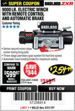 Harbor Freight Coupon BADLAND ZXR9000 9000 LB WINCH Lot No. 64047/64048/64049/63769 Expired: 3/31/19 - $254.99