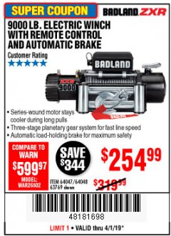 Harbor Freight Coupon BADLAND ZXR9000 9000 LB WINCH Lot No. 64047/64048/64049/63769 Expired: 4/1/19 - $254.99