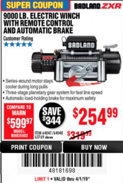 Harbor Freight Coupon BADLAND ZXR9000 9000 LB WINCH Lot No. 64047/64048/64049/63769 Expired: 4/1/19 - $254.99