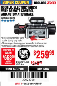 Harbor Freight Coupon BADLAND ZXR9000 9000 LB WINCH Lot No. 64047/64048/64049/63769 Expired: 4/15/19 - $259.99