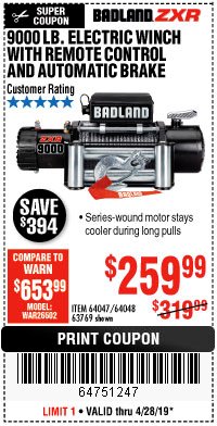 Harbor Freight Coupon BADLAND ZXR9000 9000 LB WINCH Lot No. 64047/64048/64049/63769 Expired: 4/28/19 - $259.99
