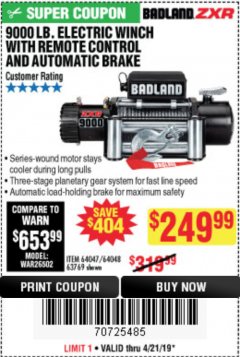 Harbor Freight Coupon BADLAND ZXR9000 9000 LB WINCH Lot No. 64047/64048/64049/63769 Expired: 4/21/19 - $249.99