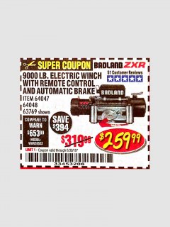 Harbor Freight Coupon BADLAND ZXR9000 9000 LB WINCH Lot No. 64047/64048/64049/63769 Expired: 6/30/19 - $259.99