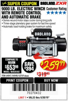 Harbor Freight Coupon BADLAND ZXR9000 9000 LB WINCH Lot No. 64047/64048/64049/63769 Expired: 6/30/19 - $259.99