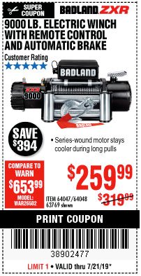 Harbor Freight Coupon BADLAND ZXR9000 9000 LB WINCH Lot No. 64047/64048/64049/63769 Expired: 7/21/19 - $259.99