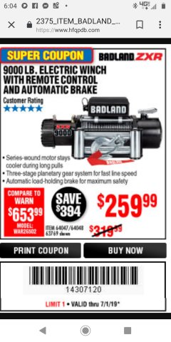 Harbor Freight Coupon BADLAND ZXR9000 9000 LB WINCH Lot No. 64047/64048/64049/63769 Expired: 7/1/19 - $259.99
