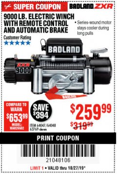 Harbor Freight Coupon BADLAND ZXR9000 9000 LB WINCH Lot No. 64047/64048/64049/63769 Expired: 10/27/19 - $259.99