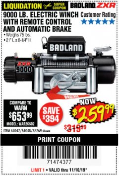 Harbor Freight Coupon BADLAND ZXR9000 9000 LB WINCH Lot No. 64047/64048/64049/63769 Expired: 11/10/19 - $259.99