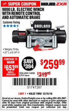 Harbor Freight Coupon BADLAND ZXR9000 9000 LB WINCH Lot No. 64047/64048/64049/63769 Expired: 12/15/19 - $259.99