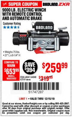 Harbor Freight Coupon BADLAND ZXR9000 9000 LB WINCH Lot No. 64047/64048/64049/63769 Expired: 12/15/19 - $259.99