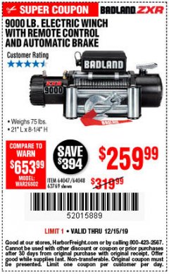 Harbor Freight Coupon BADLAND ZXR9000 9000 LB WINCH Lot No. 64047/64048/64049/63769 Expired: 12/15/19 - $259.99