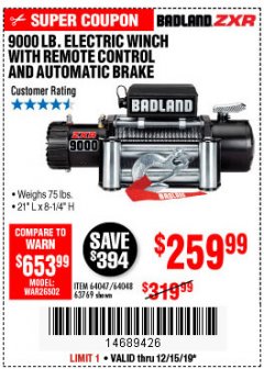 Harbor Freight Coupon BADLAND ZXR9000 9000 LB WINCH Lot No. 64047/64048/64049/63769 Expired: 12/15/19 - $259.99