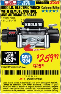 Harbor Freight Coupon BADLAND ZXR9000 9000 LB WINCH Lot No. 64047/64048/64049/63769 Expired: 1/31/20 - $259.99