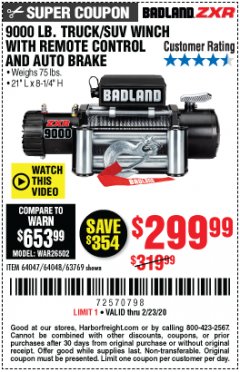 Harbor Freight Coupon BADLAND ZXR9000 9000 LB WINCH Lot No. 64047/64048/64049/63769 Expired: 2/23/20 - $299.99