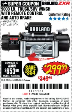 Harbor Freight Coupon BADLAND ZXR9000 9000 LB WINCH Lot No. 64047/64048/64049/63769 Expired: 6/30/20 - $299.99