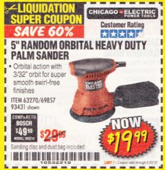 Harbor Freight Coupon 5" RANDOM ORBITAL PALM SANDER Lot No. 69857/62216/93431 Expired: 6/30/18 - $19.99