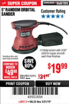 Harbor Freight Coupon 5" RANDOM ORBITAL PALM SANDER Lot No. 69857/62216/93431 Expired: 3/31/19 - $19.99