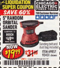 Harbor Freight Coupon 5" RANDOM ORBITAL PALM SANDER Lot No. 69857/62216/93431 Expired: 5/31/19 - $19.99