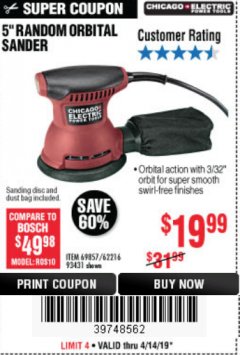 Harbor Freight Coupon 5" RANDOM ORBITAL PALM SANDER Lot No. 69857/62216/93431 Expired: 4/14/19 - $19.99