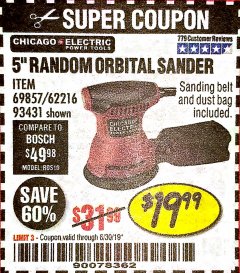 Harbor Freight Coupon 5" RANDOM ORBITAL PALM SANDER Lot No. 69857/62216/93431 Expired: 6/30/19 - $19.99