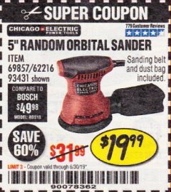 Harbor Freight Coupon 5" RANDOM ORBITAL PALM SANDER Lot No. 69857/62216/93431 Expired: 6/30/19 - $19.99