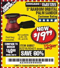 Harbor Freight Coupon 5" RANDOM ORBITAL PALM SANDER Lot No. 69857/62216/93431 Expired: 12/14/19 - $19.99