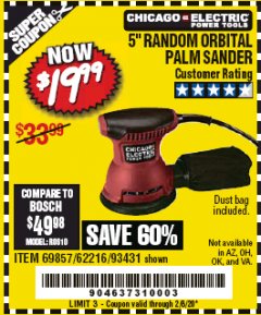 Harbor Freight Coupon 5" RANDOM ORBITAL PALM SANDER Lot No. 69857/62216/93431 Expired: 2/8/20 - $19.99